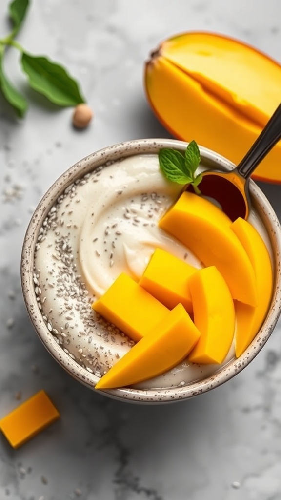A bowl of chia seed pudding topped with mango slices and seeds