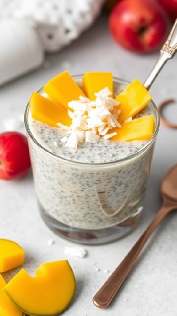 Chia seed pudding topped with mango and coconut flakes