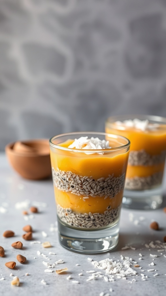 Chia seed pudding layered with mango puree and topped with coconut flakes in a glass.
