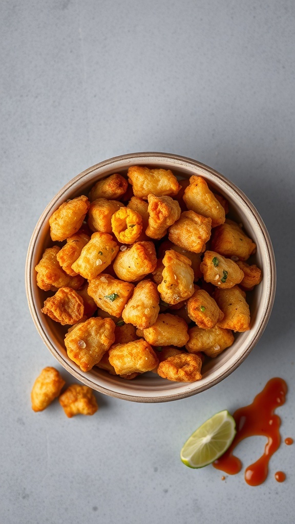 A bowl of crispy fried pork cracklings with a slice of lime and hot sauce on the side.
