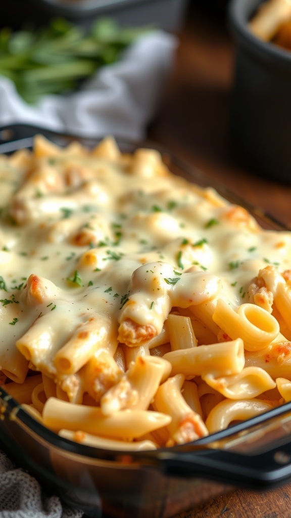 A creamy Chicken Alfredo Pasta Bake with pasta and chicken, topped with cheese and parsley.