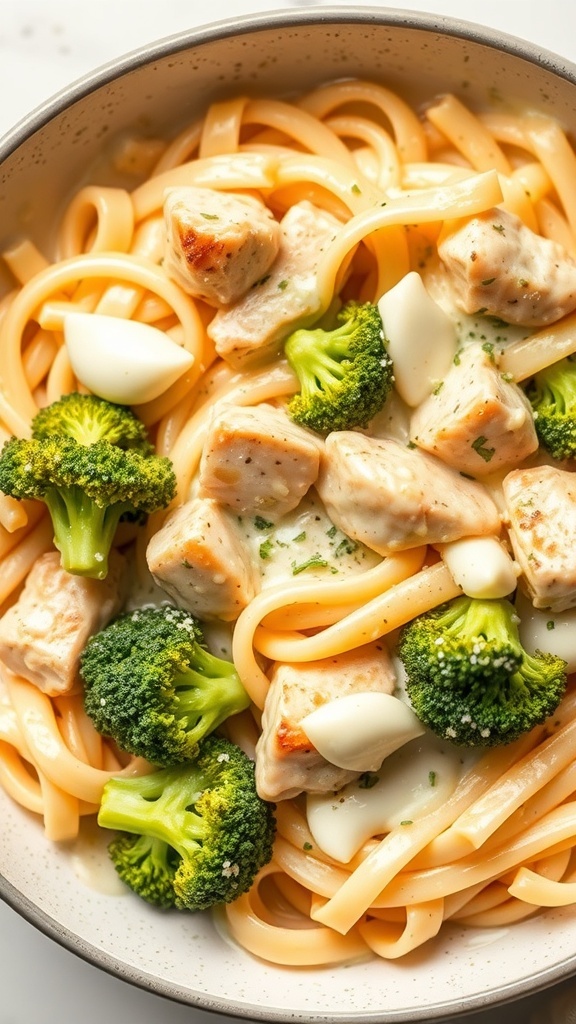 A bowl of Chicken and Broccoli Alfredo with fettuccine pasta, chunks of chicken, and broccoli