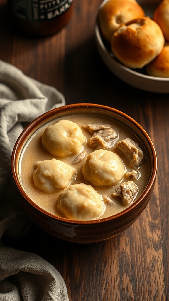 A bowl of chicken and dumplings with soft dumplings and tender chicken in a creamy broth, accompanied by freshly baked rolls.