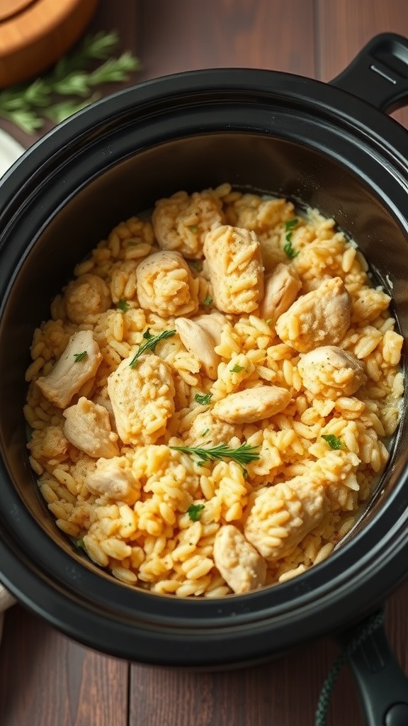 A bowl of chicken and rice casserole in a crockpot, featuring tender chicken pieces and fluffy rice.