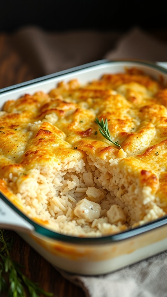 A delicious chicken and rice casserole with a golden, cheesy top, served in a baking dish.