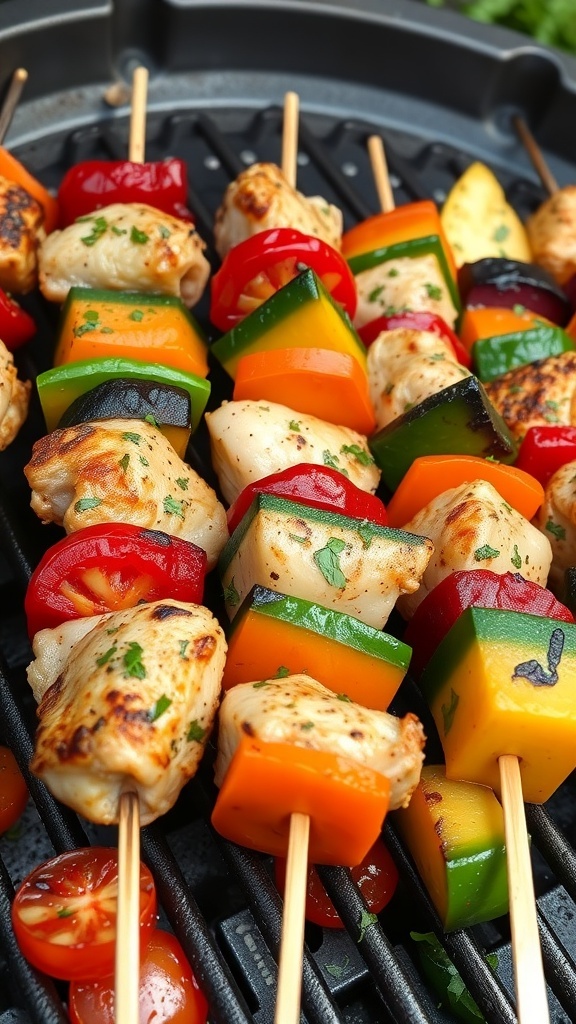 Grilled chicken and vegetable skewers on a grill, showcasing colorful bell peppers, zucchini, and cherry tomatoes.