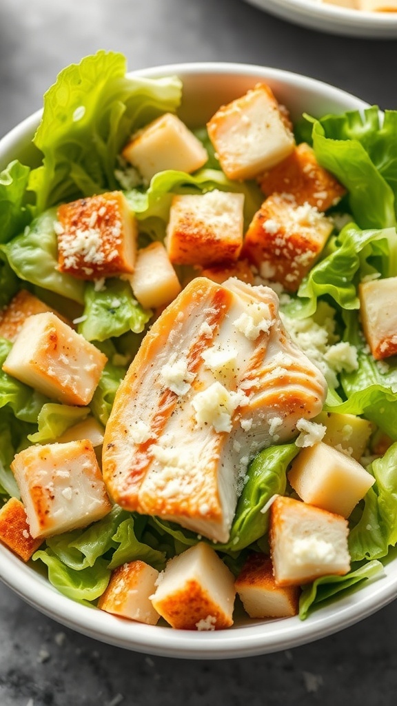 A bowl of Chicken Caesar Salad with lettuce, chicken pieces, and croutons.