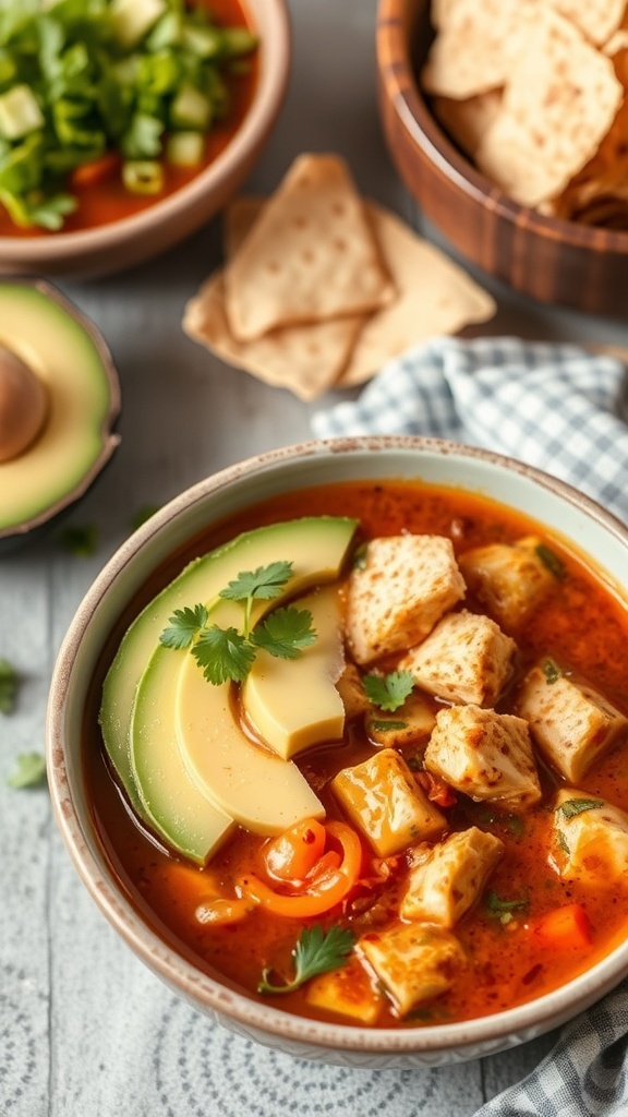 A bowl of Chicken Enchilada Soup topped with avocado slices and cilantro, with tortilla chips on the side.