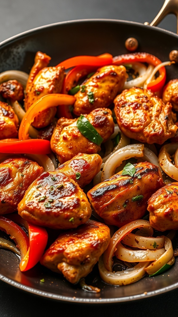 A skillet filled with chicken fajitas, featuring cooked chicken pieces, colorful bell peppers, and onions.
