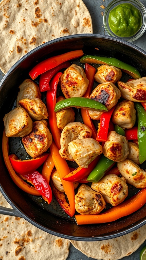 A skillet filled with chicken and colorful bell peppers, with tortillas and green sauce on the side.