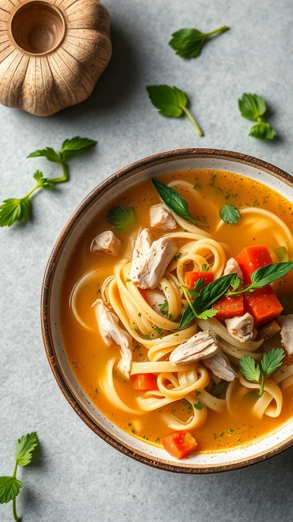 A bowl of chicken noodle soup with fresh herbs, noodles, and vegetables.