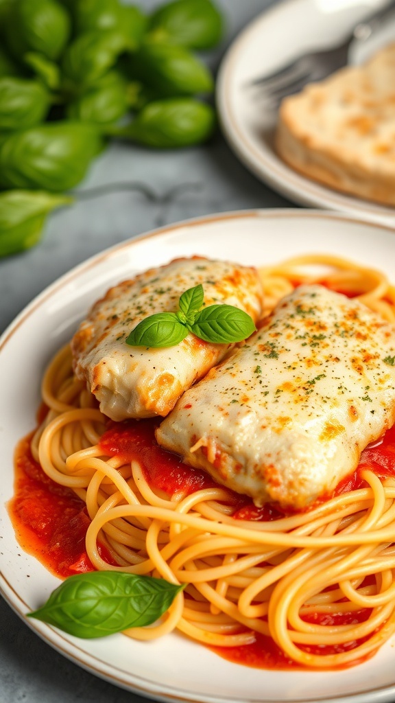 A plate of Chicken Parmesan with spaghetti, garnished with fresh basil and tomatoes.
