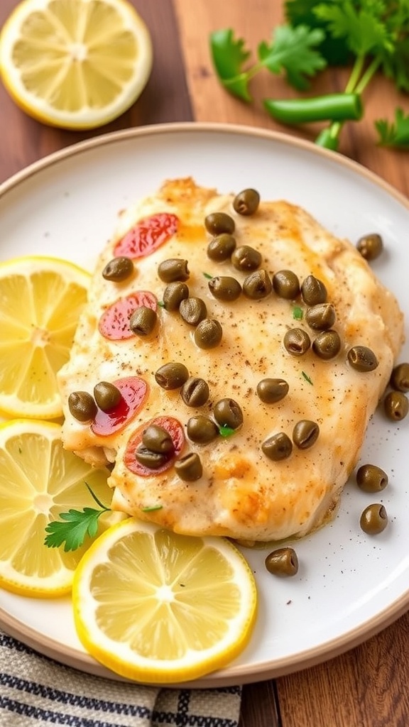 A plate of chicken piccata with capers, garnished with lemon slices and parsley.