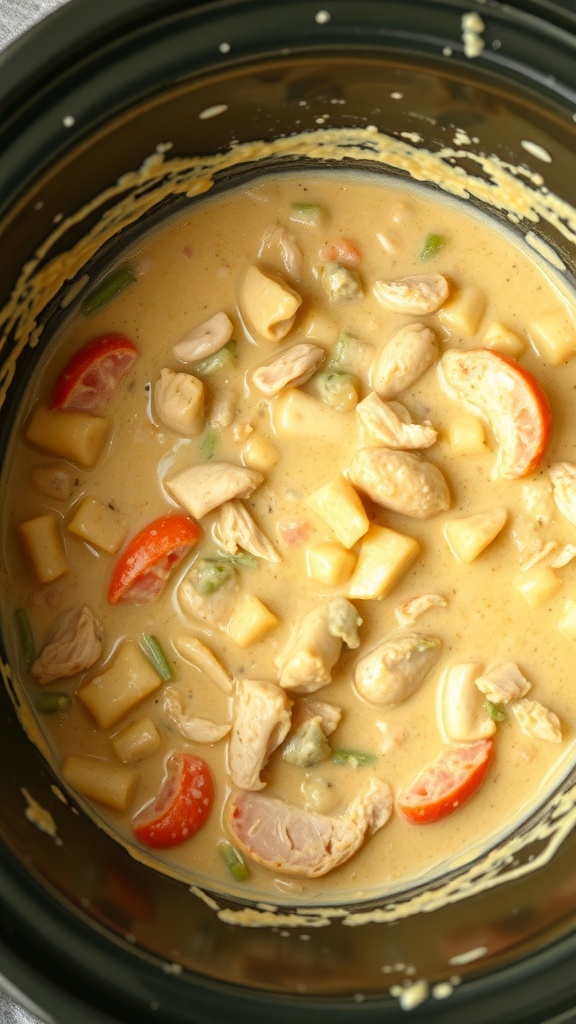 Creamy chicken pot pie filling in a crockpot with vegetables and chicken.