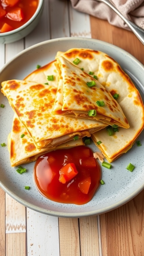 Delicious chicken quesadillas with melted cheese and salsa on the side.