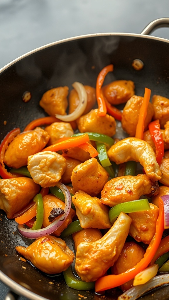 A colorful chicken stir-fry with bell peppers in a pan