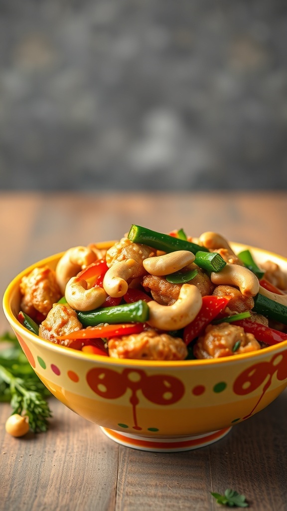 A colorful bowl of chicken stir-fry with cashews, featuring green beans and bell peppers.