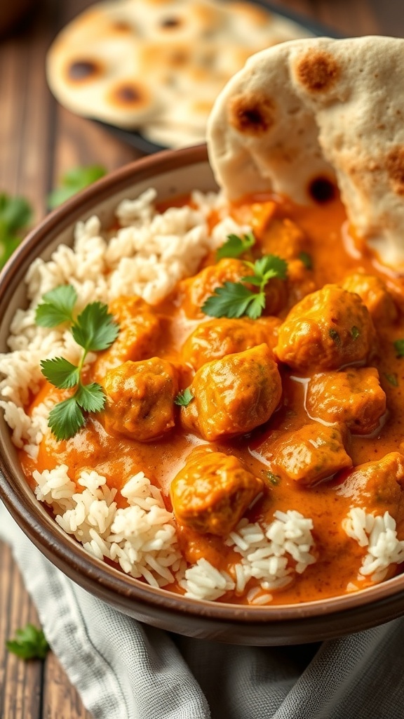 A bowl of Chicken Tikka Masala served with rice and naan, garnished with fresh cilantro.