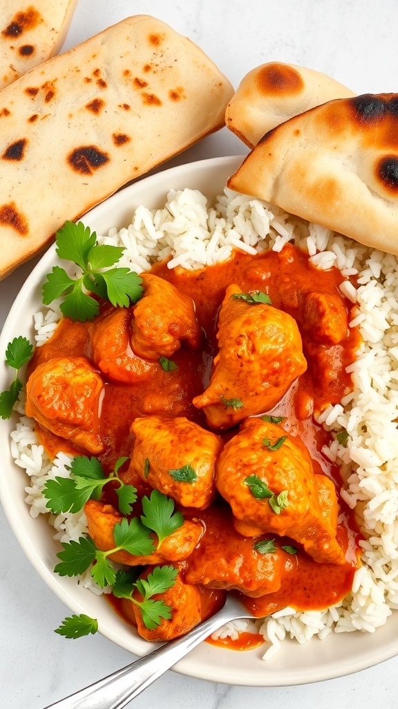 A bowl of Chicken Tikka Masala served with rice and naan bread, garnished with cilantro.