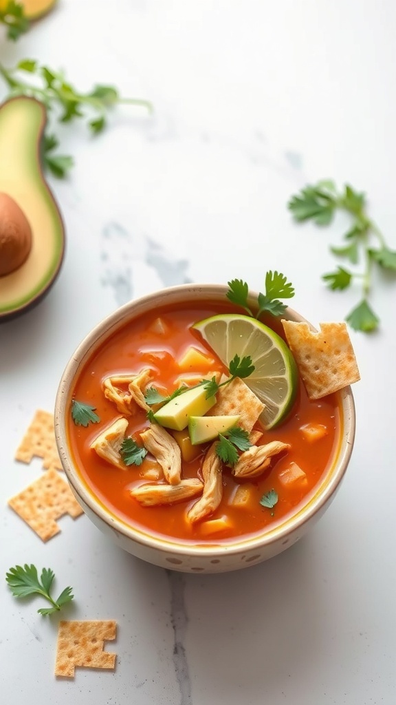 A bowl of Chicken Tortilla Soup topped with tortilla strips, cilantro, and lime.