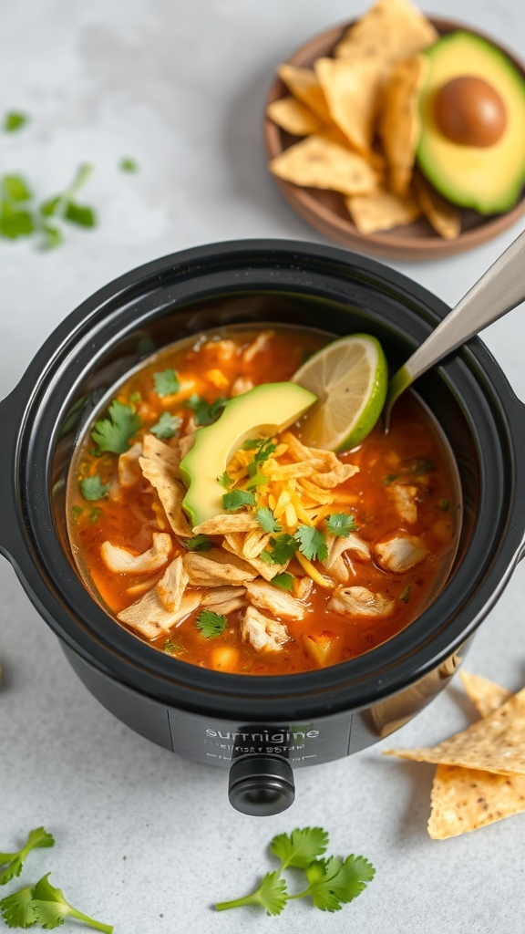 A bowl of Chicken Tortilla Soup in a crock pot, garnished with avocado, tortilla strips, and cilantro.
