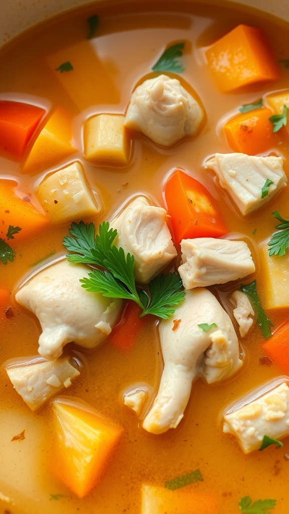 A bowl of chicken vegetable soup with chunks of chicken, carrots, and squash, garnished with fresh parsley.