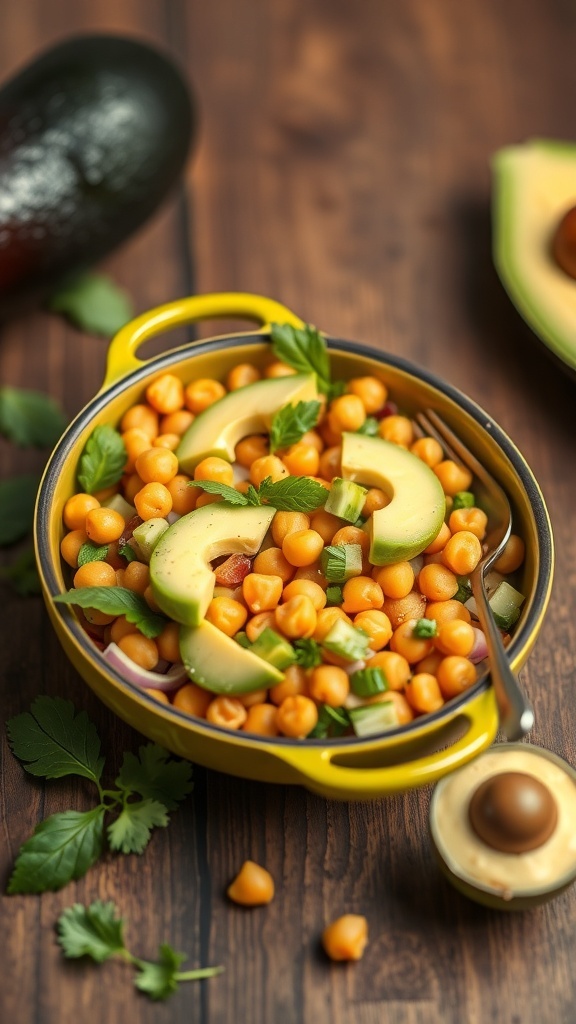 A vibrant chickpea and avocado salad in a yellow bowl, garnished with fresh herbs.