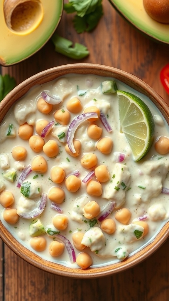 A bowl of chickpea and avocado salad with lime and red onion on a wooden table.