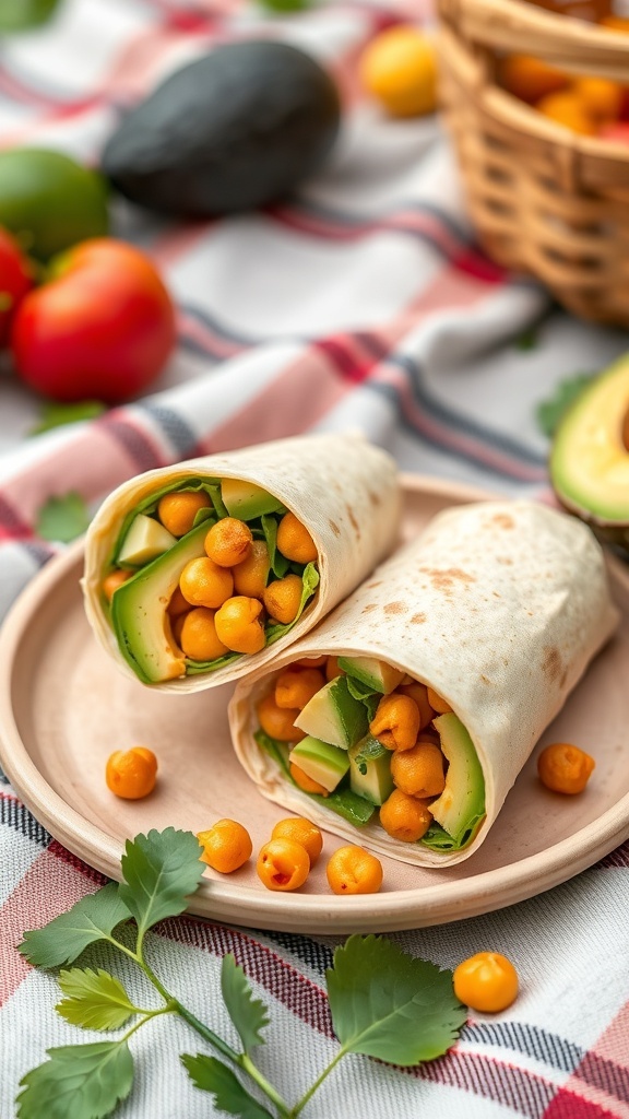 Chickpea and avocado wrap on a plate with fresh ingredients around it.