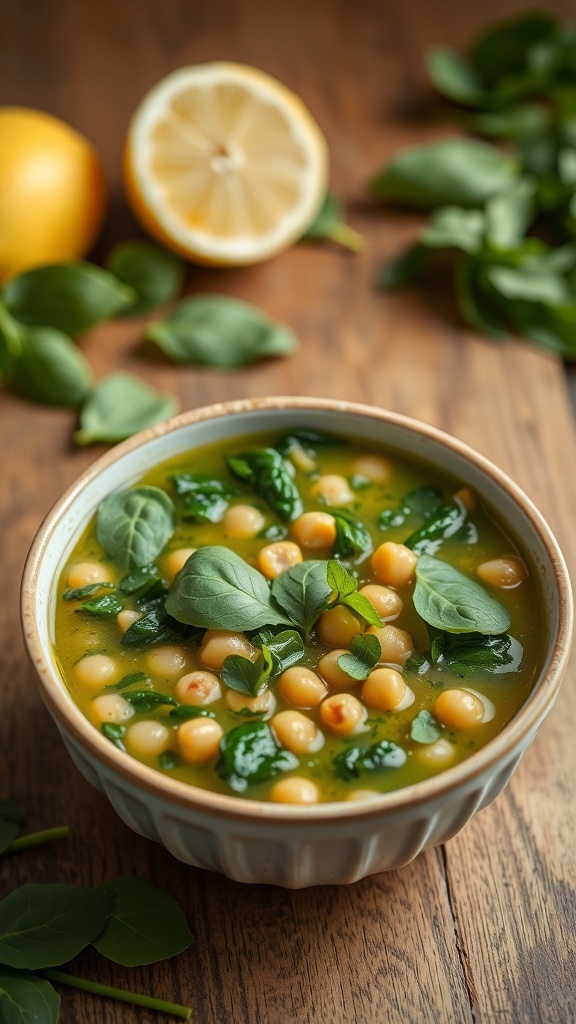 A bowl of chickpea and spinach soup garnished with fresh spinach leaves, with a lemon in the background.