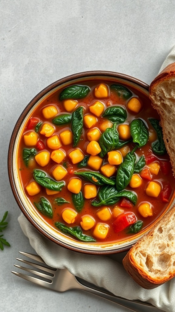 A bowl of chickpea and spinach stew with corn and red peppers, served with a slice of bread.