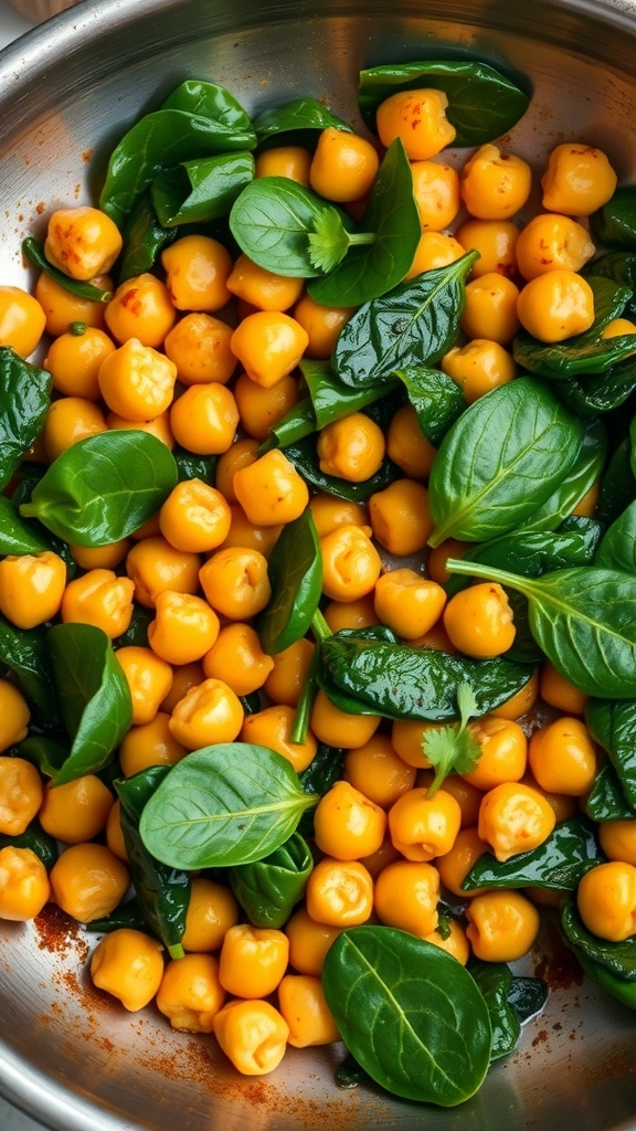 A close-up of chickpeas and fresh spinach being stir-fried in a pan.