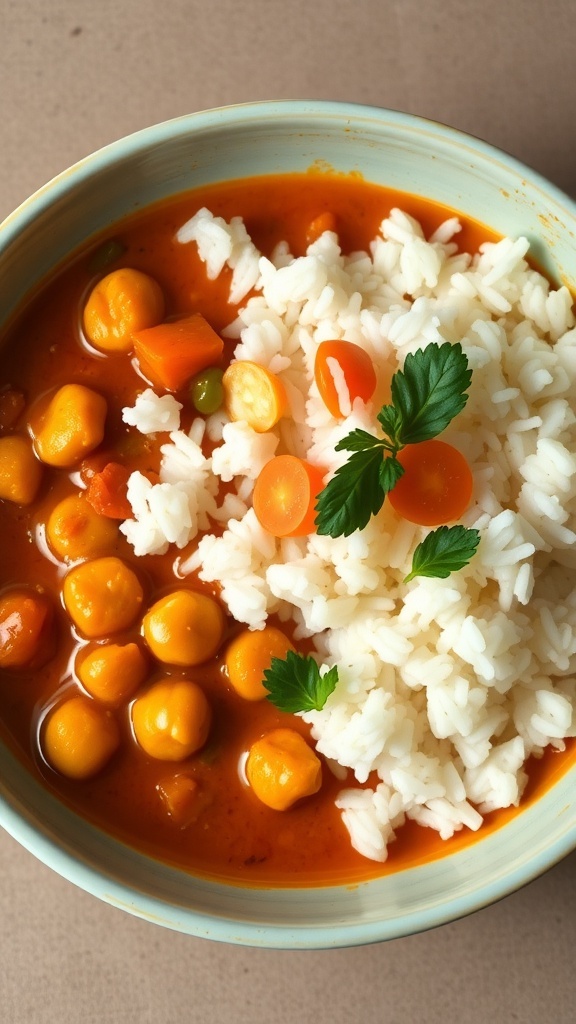A bowl of chickpea curry with rice, topped with colorful vegetables and herbs.