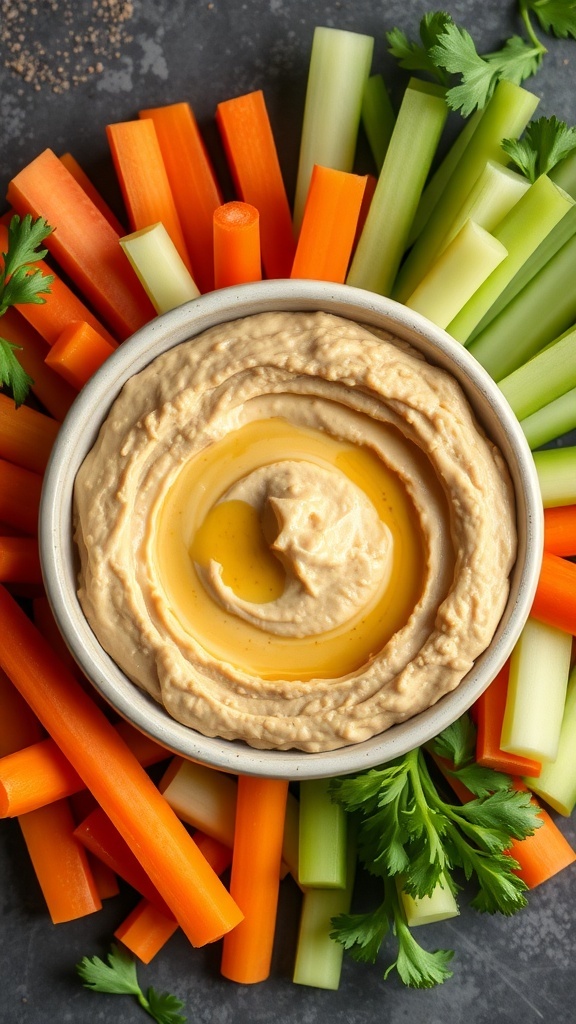 A bowl of chickpea hummus surrounded by colorful carrot and celery sticks.