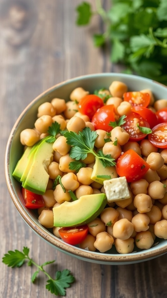 A vibrant chickpea salad with avocado, tomatoes, and green peppers in a bowl.