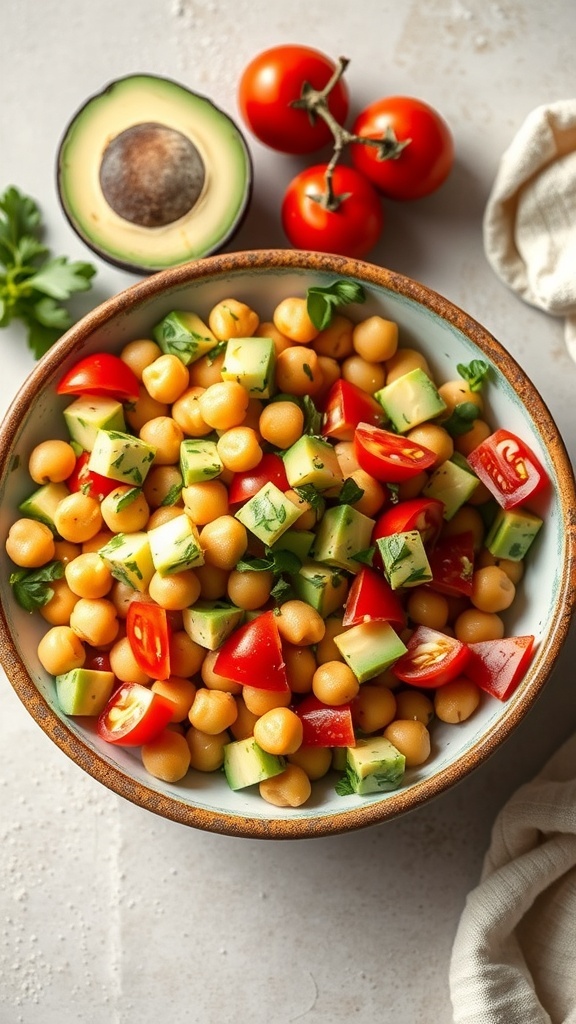 A colorful chickpea salad with avocado, tomatoes, and cucumbers in a bowl