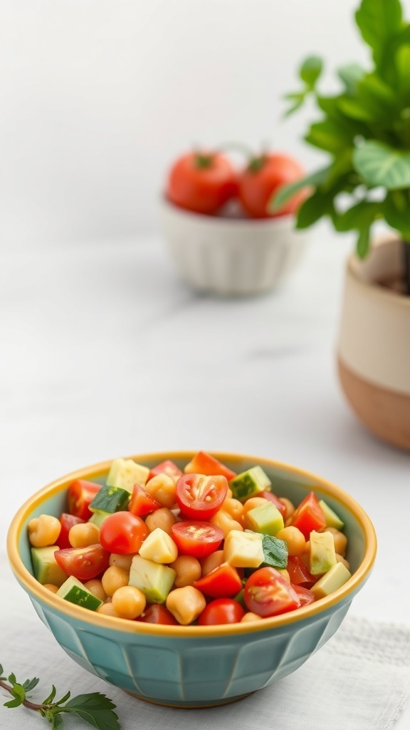 A colorful chickpea salad with avocado, tomatoes, and cucumbers in a bowl.