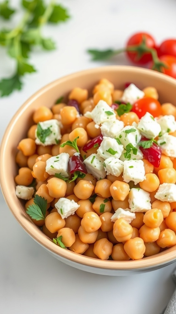 Chickpea salad with feta cheese in a yellow bowl, garnished with parsley