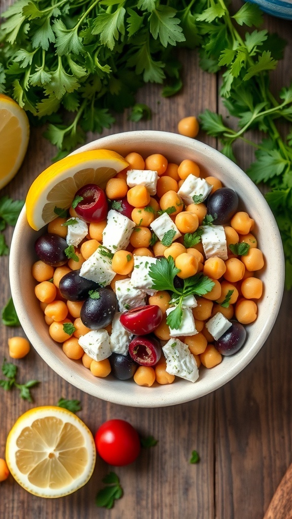 A bowl of chickpea salad with feta and olives, garnished with lemon and fresh herbs.