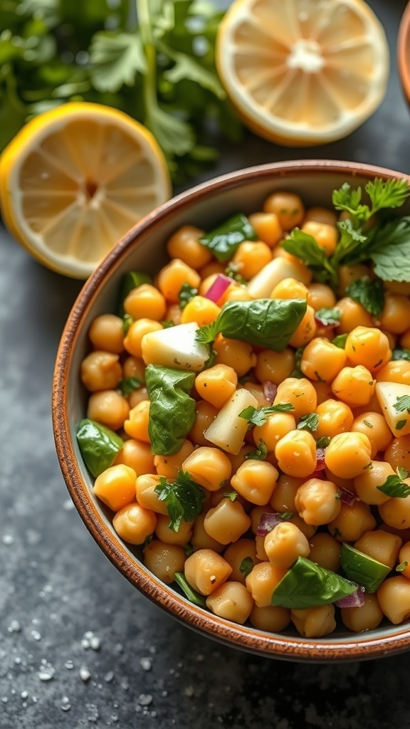 A bowl of chickpea salad with lemon dressing, featuring chickpeas, fresh vegetables, and lemon halves in the background.