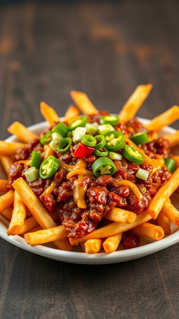A plate of chili cheese fries topped with green onions and chili.