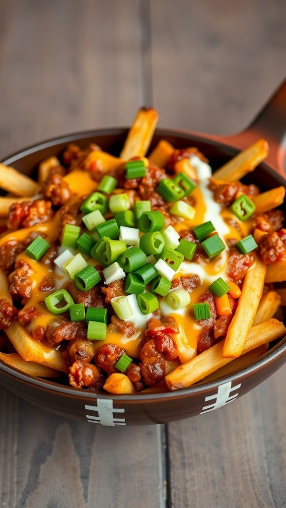 A bowl of chili cheese fries topped with green onions