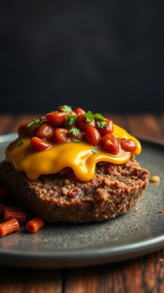 A delicious chili cheese meatloaf topped with melted cheese and chili, garnished with cilantro.