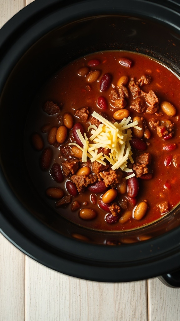 A close-up view of chili con carne in a crock pot, featuring beans, meat, and cheese.