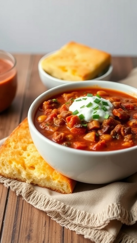 A bowl of chili con carne topped with sour cream and chives, served with a piece of cornbread on a wooden table.