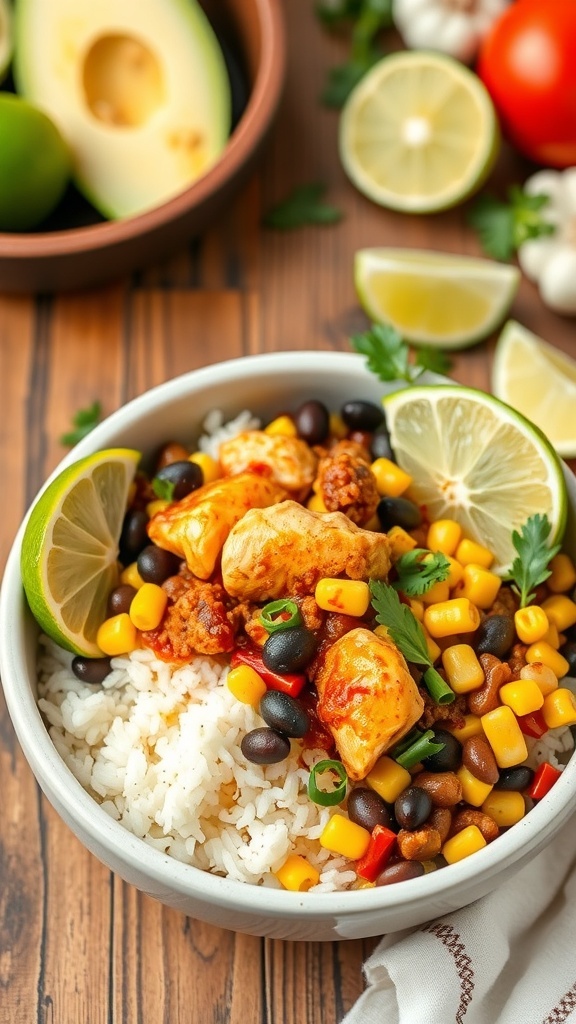 A colorful bowl of chili lime chicken with rice, black beans, corn, and lime wedges, surrounded by fresh ingredients.