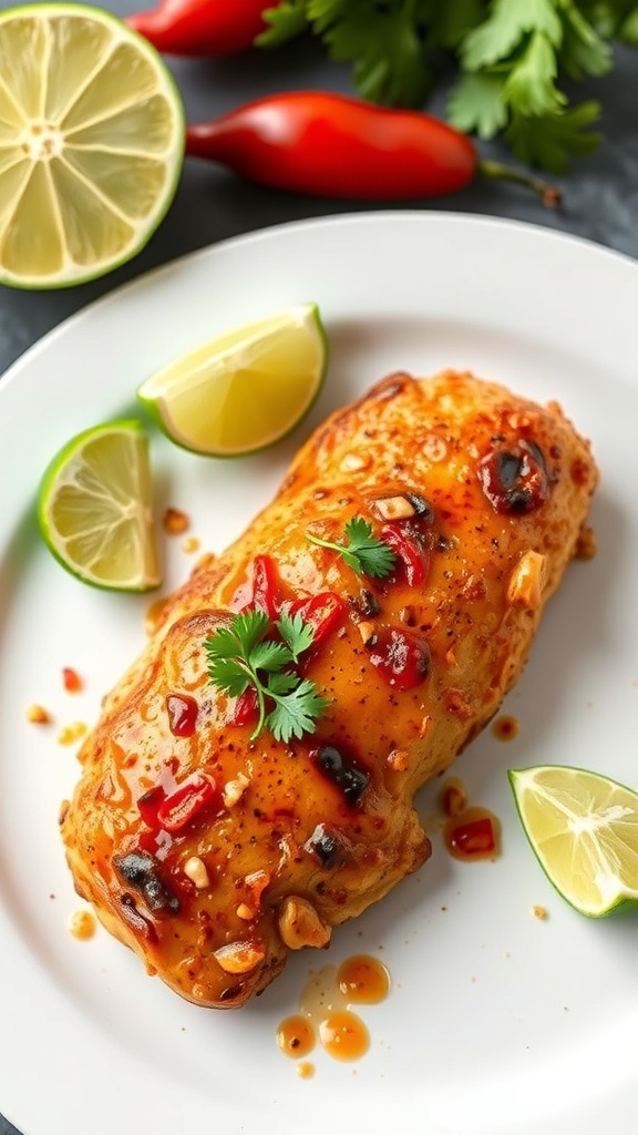 A plate of Chili Lime Chicken garnished with lime wedges and cilantro, showcasing vibrant colors and a delicious sauce.