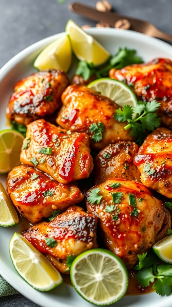 A plate of chili lime chicken thighs garnished with cilantro and lime wedges.