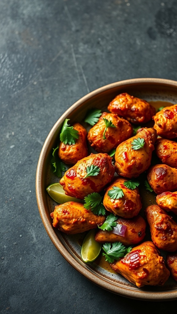 A plate of chili lime chicken garnished with fresh cilantro and served with avocado salsa and lime wedges.