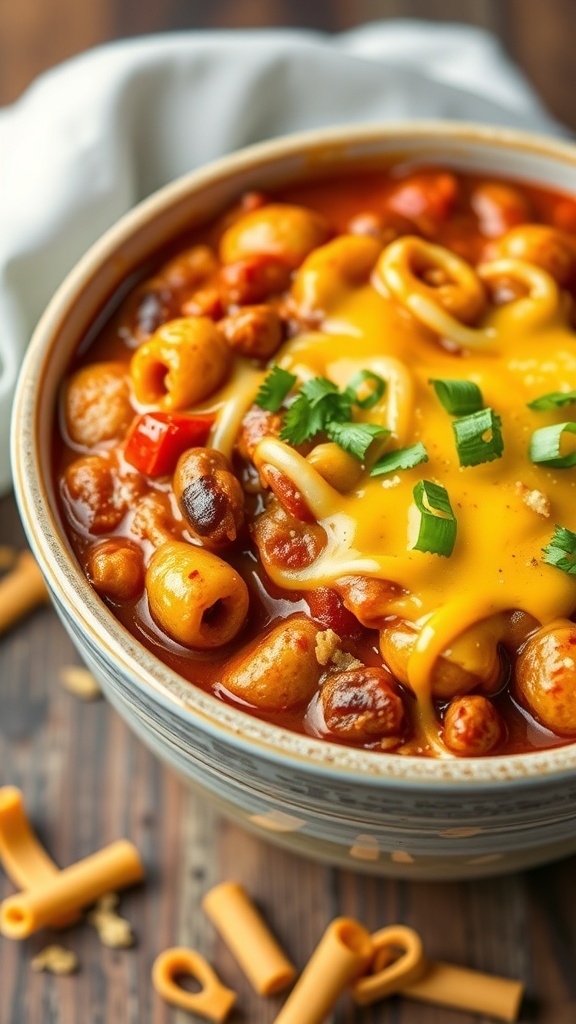 A bowl of Chili Mac and Cheese with cheese on top, surrounded by ingredients.